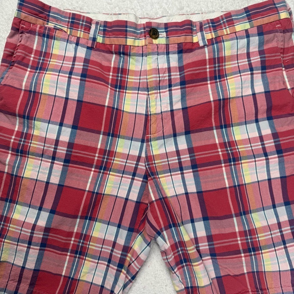 Brooks Brothers Plaid Chino Shorts Mens 36 Red‎ Blue Madras Cotton Flat Front